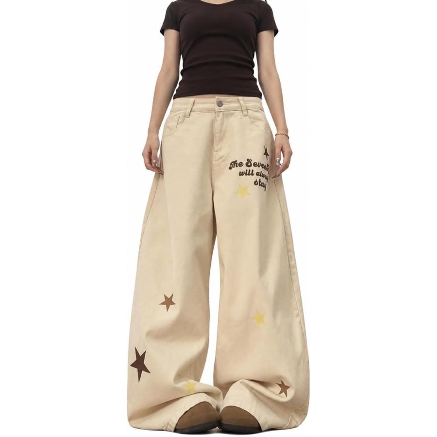 ワイドデニムパンツ レディース 星柄 ジーンズ ハイウエスト ゆったり 