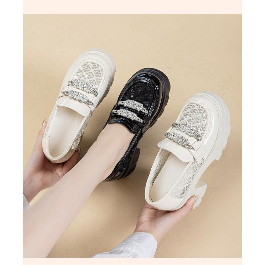 厚底ローファー レディース パンプス ビジュー レース メッシュ 太