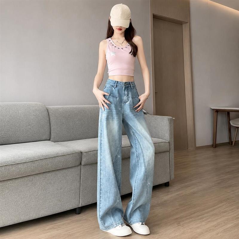 ワイドデニムパンツ レディース ストレートジーンズ キラキラ ビジュー