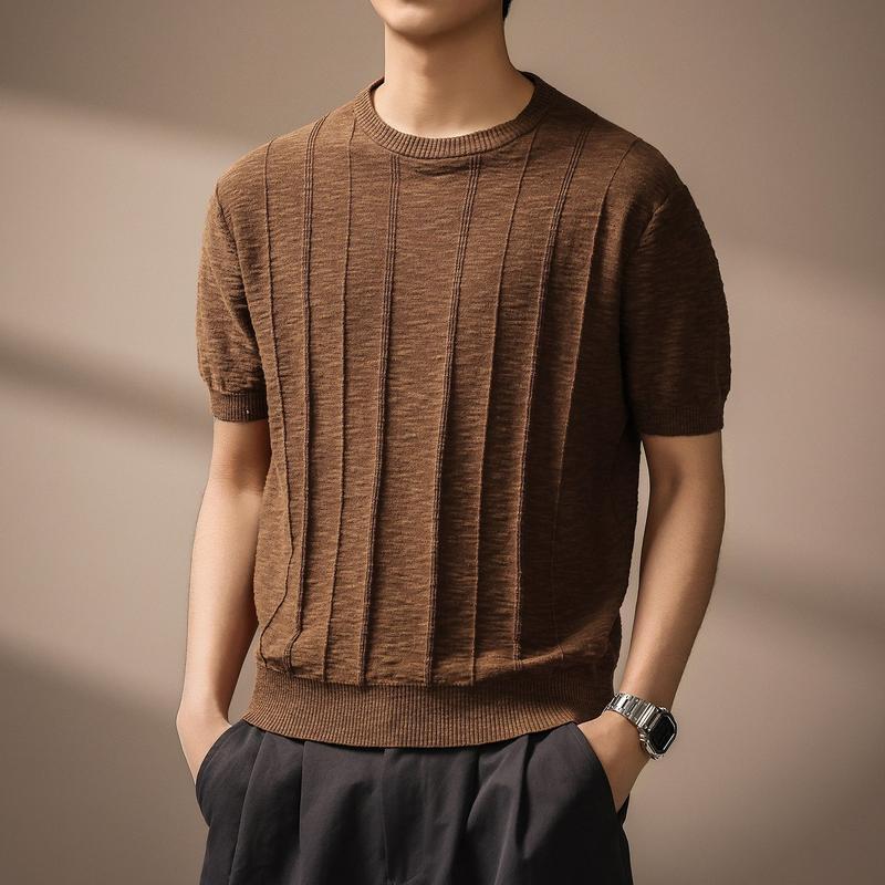 サマーニット メンズ 半袖 ニットTシャツ クルーネック ストライプ柄