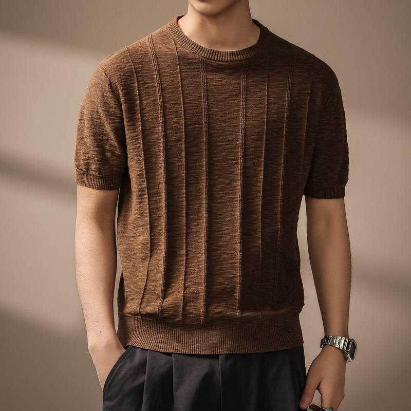 サマーニット メンズ 半袖 ニットTシャツ クルーネック ストライプ柄