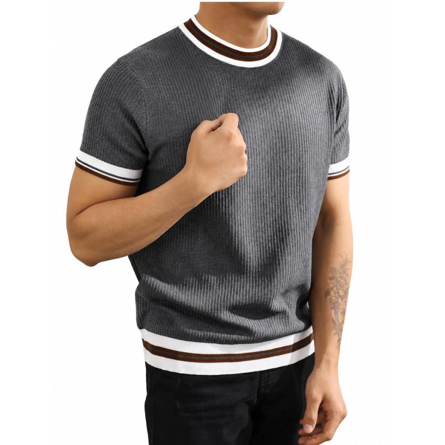 サマーニット メンズ 半袖 ニットTシャツ クルーネック ラインデザイン