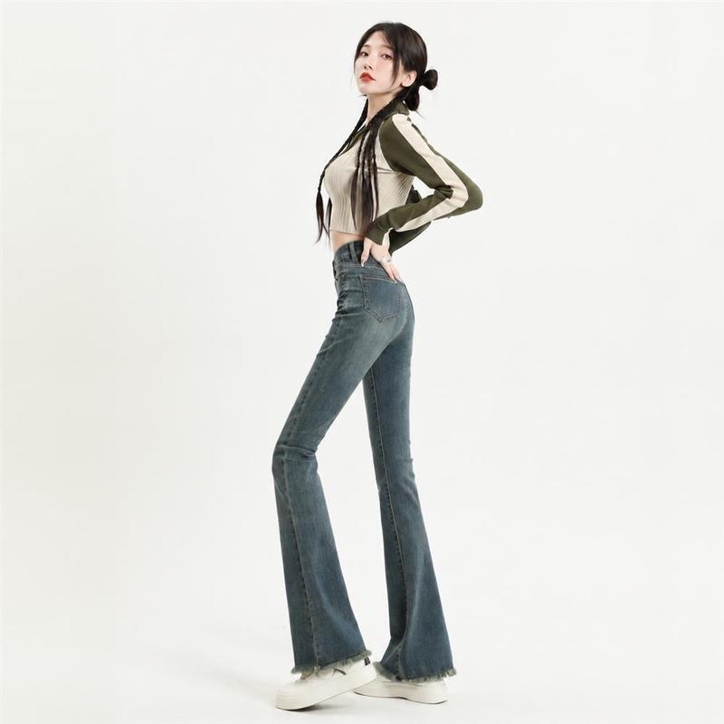 ブーツカット デニムパンツ レディース 美脚 ハイウエスト 裾フリンジ 