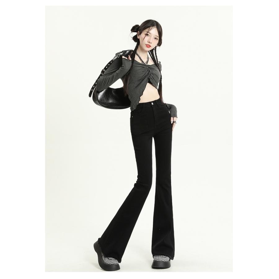ブーツカット デニムパンツ レディース 美脚 ハイウエスト 裾フリンジ 