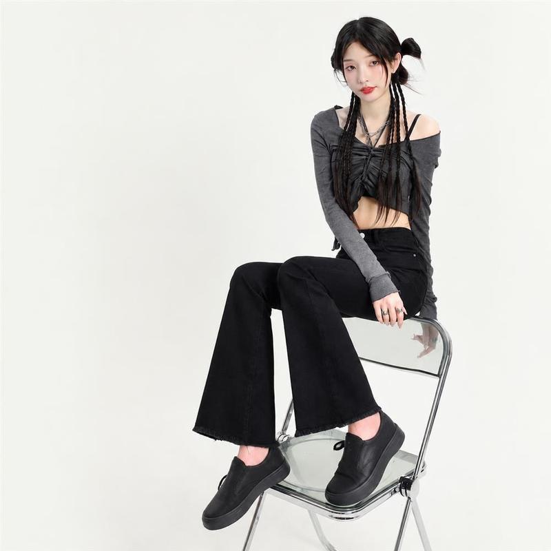 ブーツカット デニムパンツ レディース 美脚 ハイウエスト 裾フリンジ 
