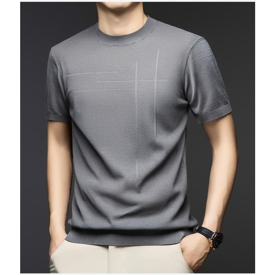 サマーニット メンズ 半袖 ニットTシャツ クルーネック 接触冷感