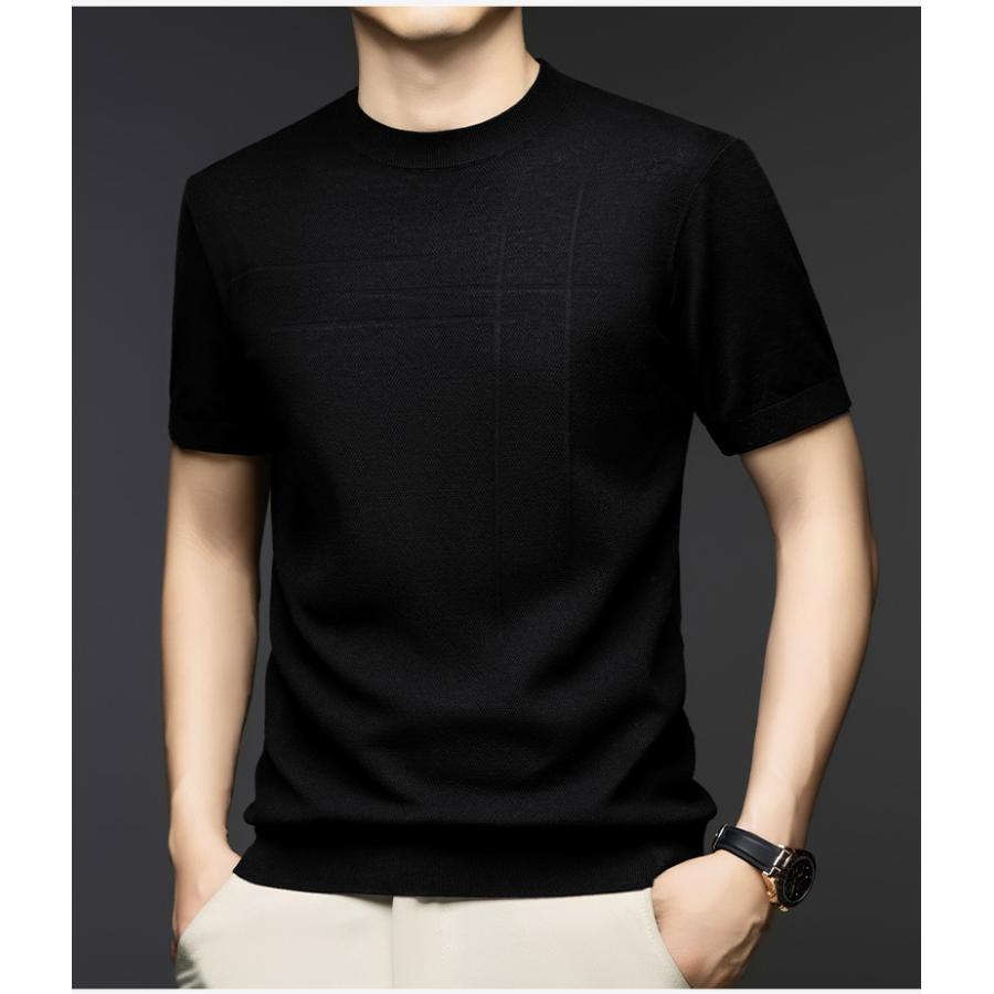 ノベルティ ブラック 半袖Tシャツ サマーニット サマーニット メンズ 半袖 ニットTシャツ クルーネック 接触冷感