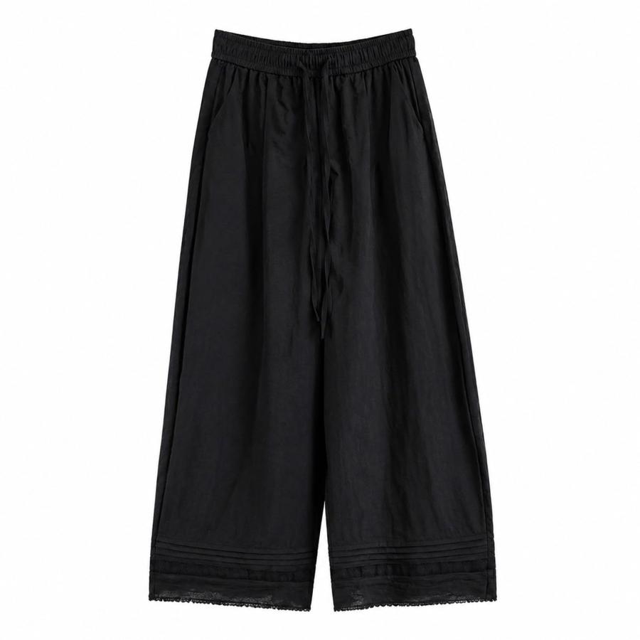 ワイドパンツ レディース ガウチョパンツ 裾レース ピンタック ウエストゴム スカーチョ 九分丈 体型カバー ゆったり イージーパンツ 春 | 