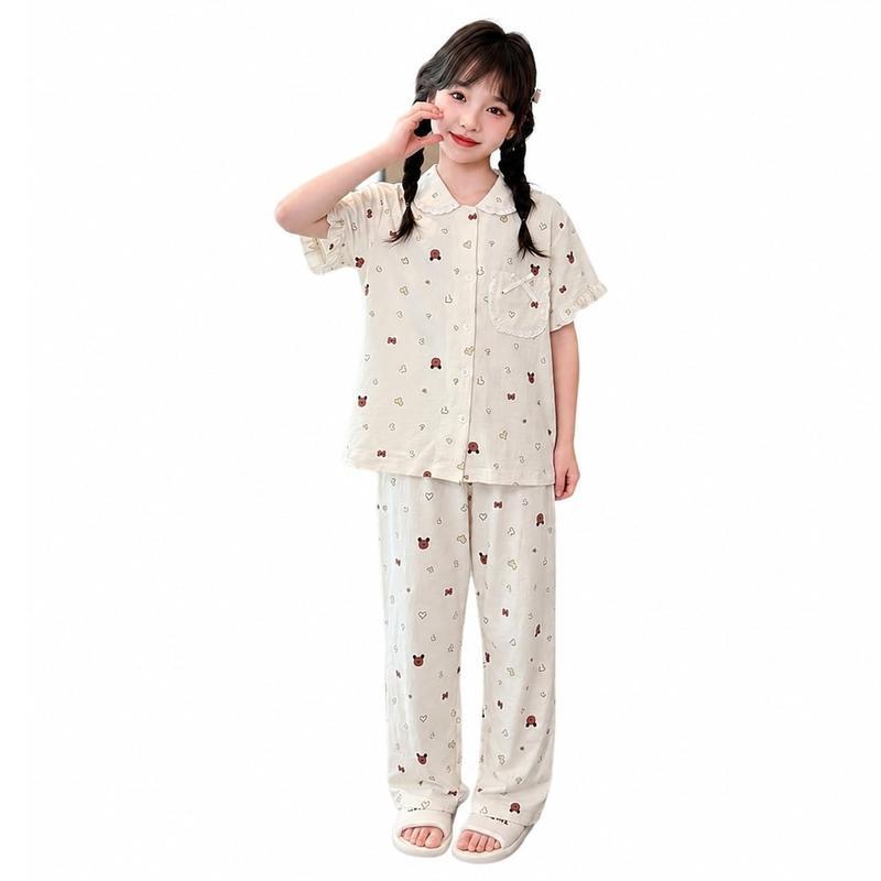 パジャマ 女の子 半袖 ルームウェア キッズ ゆったり 前開き 子供服 上下セット ロングパンツ ジュニア 部屋着 かわいい 丸襟 フリル