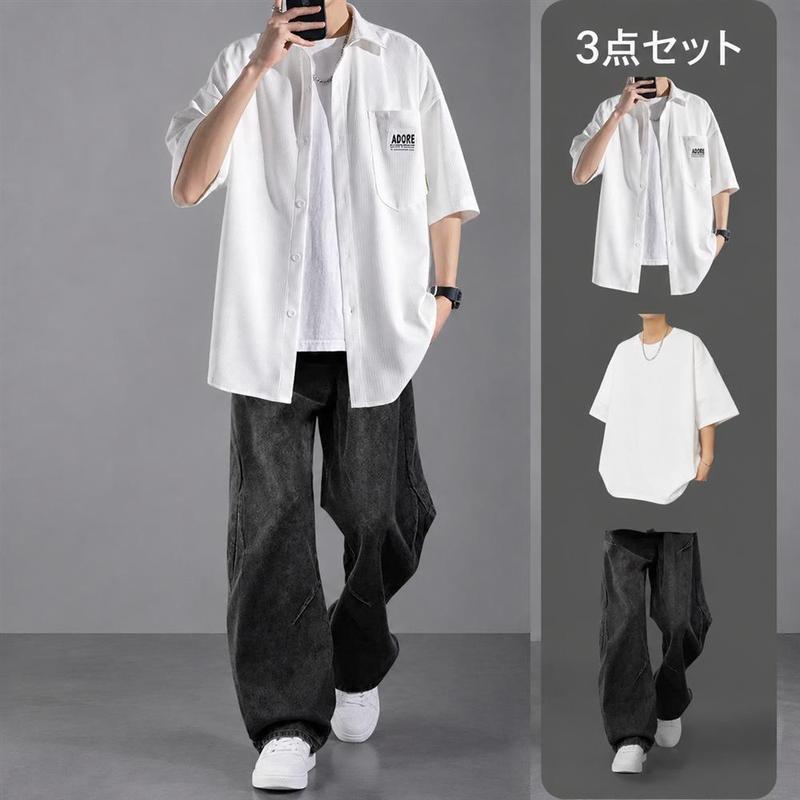 メンズ 3点セット 半袖 シャツ 快適 コットン 半袖Tシャツ ゆったり 
