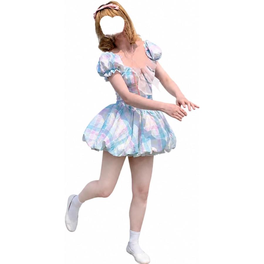 ロリータ風 ワンピース 半袖 ボリュームスリーブ チェック柄 ミニ丈 リボン ドレス ふんわり バルーンスカート レディース フリル
