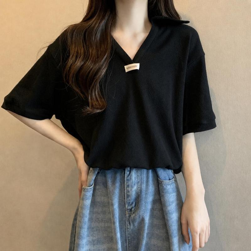 レディース スキッパーネック ポロシャツ XS 半袖 スキッパー ポロシャツ レディース 半袖 Vネック リブ ニット