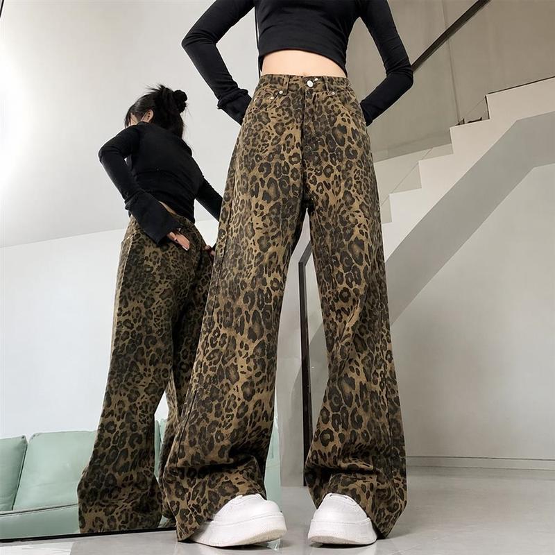 ワイドパンツ レディース デニム ジーンズ ヒョウ柄 レオパード柄 