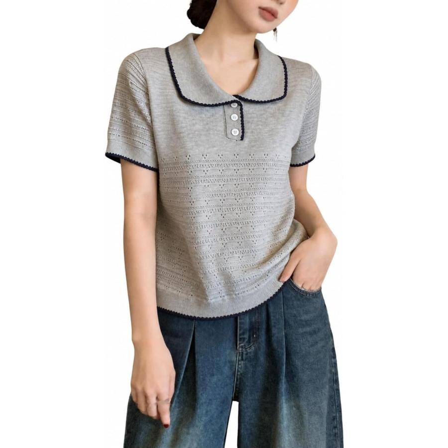 サマーニット レディース 半袖 襟付き 透かし編み ニット tシャツ 配色