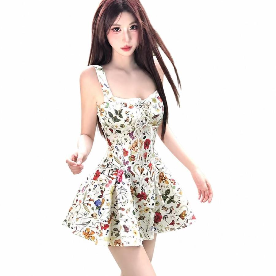 キャミソーピース レディース ミニ丈 花柄 コルセット風 Aライン ノースリーブ フロントレースアップ ハイウエスト スクエアネック