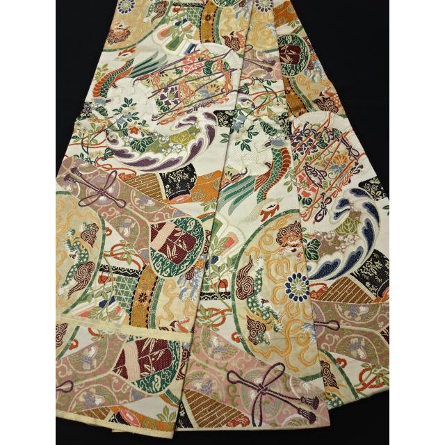 アンティーク丸帯 鳳凰 唐獅子 雅楽 三本線（軍配なし