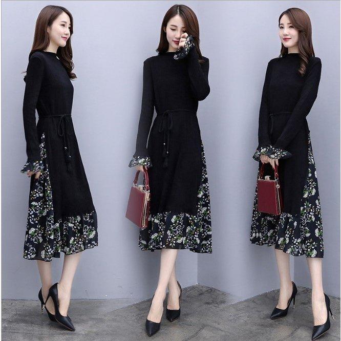 ニットワンピース フェイクレイヤード 長袖 レディース ミモレ丈 着痩せ 花柄 通勤 Ol ニット 切り替え ベルト付き 大きいサイズ 秋 冬 コーデ 上品 おしゃれ 絶妙なデザイン