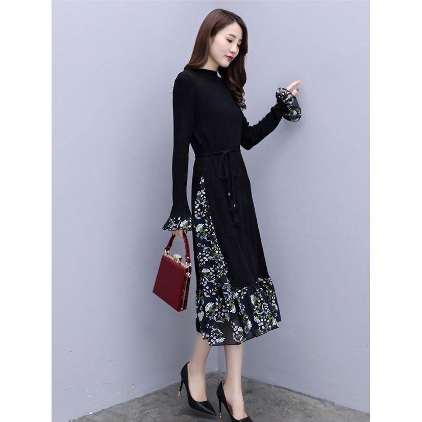 ニットワンピース フェイクレイヤード 長袖 レディース ミモレ丈 着痩せ 花柄 通勤 Ol ニット 切り替え ベルト付き 大きいサイズ 秋 冬 コーデ 上品 おしゃれ 絶妙なデザイン