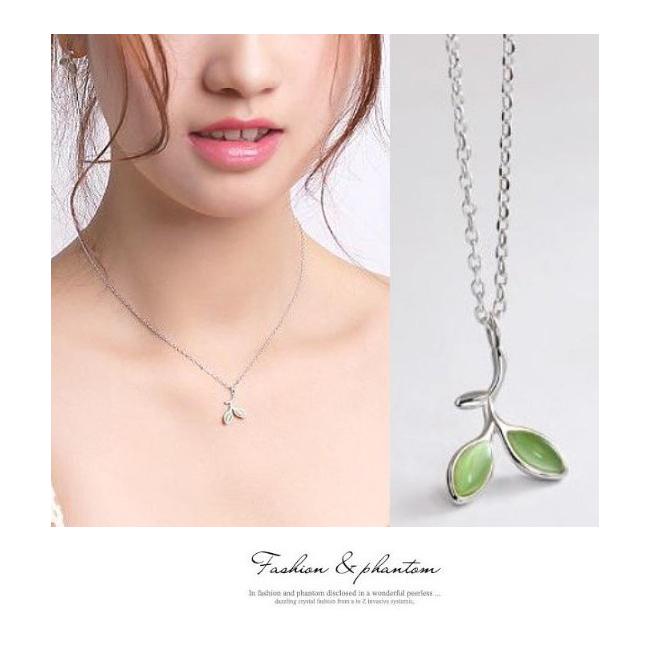 ネックレス レディース リーフグリーン人工宝石 キャッッアイ 双葉