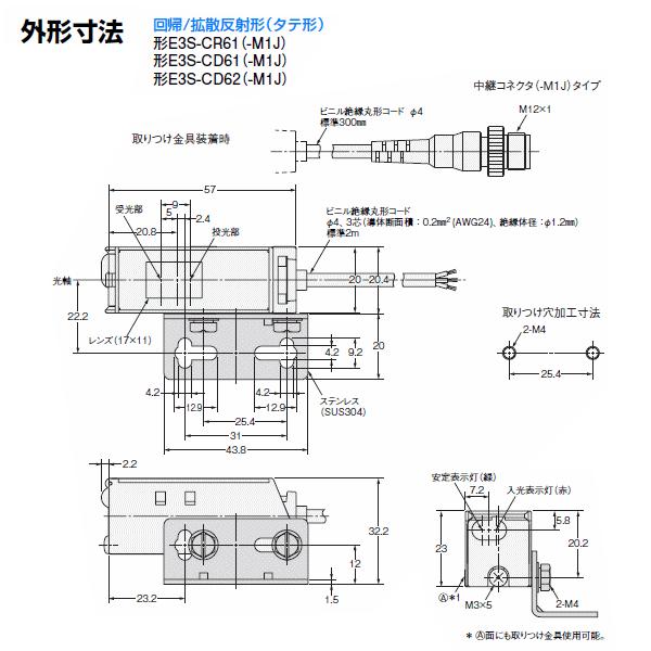 オムロン（OMRON） E3S-CD61 2M 縦型 耐油・長距離光電センサー(メタル
