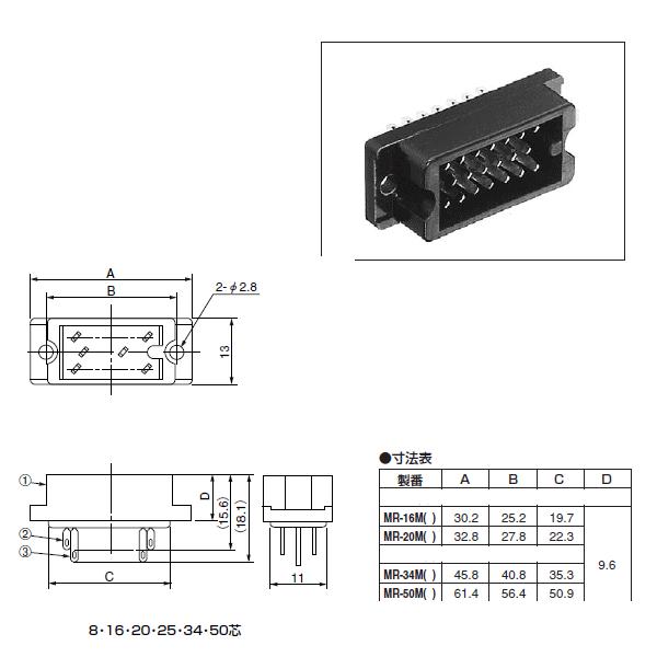 本多通信工業 MRシリーズ パネル用半田付けタイプ オスコネクタ 角型