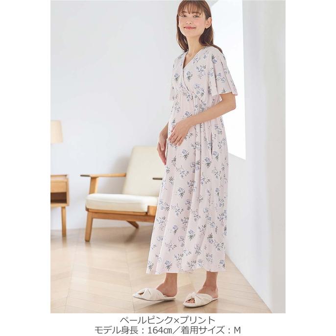 マタニティ パジャマ ワンピース 半袖 スムース カシュクール パッド付 フレアスリーブ ネグリジェ 花柄 無地 授乳服 リンクコーデ エンジェリーベの画像