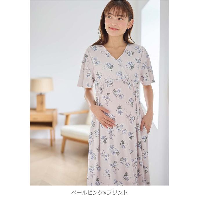 マタニティ パジャマ ワンピース 半袖 スムース カシュクール パッド付 フレアスリーブ ネグリジェ 花柄 無地 授乳服 リンクコーデ エンジェリーベの画像