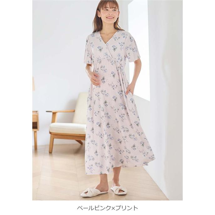 マタニティ パジャマ ワンピース 半袖 スムース カシュクール パッド付 フレアスリーブ ネグリジェ 花柄 無地 授乳服 リンクコーデ エンジェリーベの画像