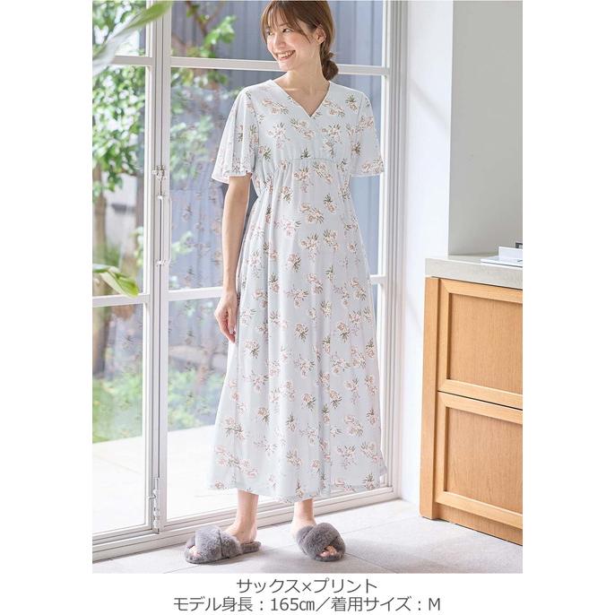 マタニティ パジャマ ワンピース 半袖 スムース カシュクール パッド付 フレアスリーブ ネグリジェ 花柄 無地 授乳服 リンクコーデ エンジェリーベの画像