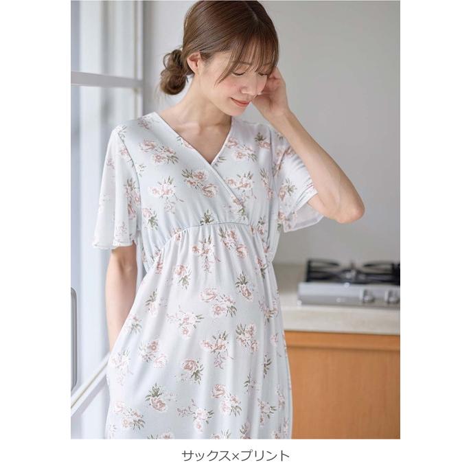 マタニティ パジャマ ワンピース 半袖 スムース カシュクール パッド付 フレアスリーブ ネグリジェ 花柄 無地 授乳服 リンクコーデ エンジェリーベの画像