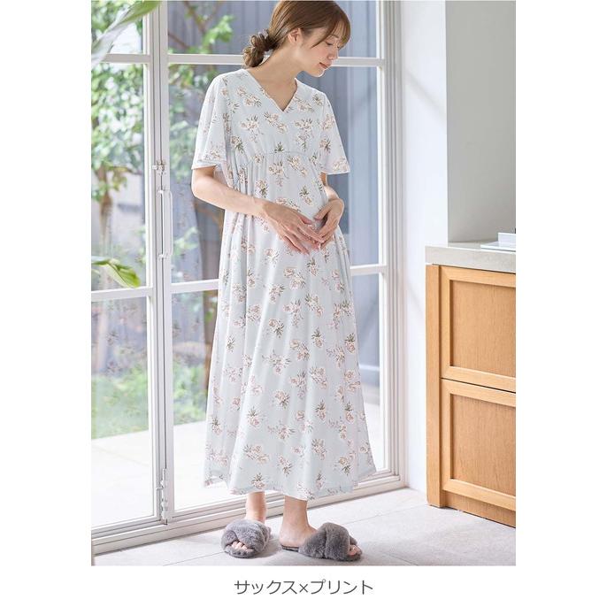 マタニティ パジャマ ワンピース 半袖 スムース カシュクール パッド付 フレアスリーブ ネグリジェ 花柄 無地 授乳服 リンクコーデ エンジェリーベの画像
