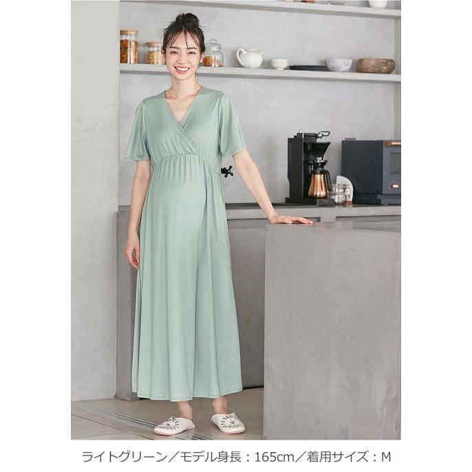 マタニティ パジャマ ワンピース 半袖 スムース カシュクール パッド付 フレアスリーブ ネグリジェ 花柄 無地 授乳服 リンクコーデ エンジェリーベの画像