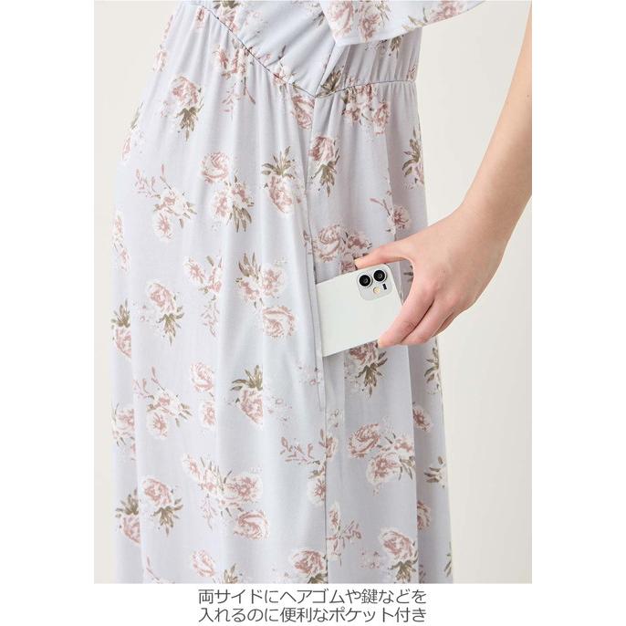 マタニティ パジャマ ワンピース 半袖 スムース カシュクール パッド付 フレアスリーブ ネグリジェ 花柄 無地 授乳服 リンクコーデ エンジェリーベの画像