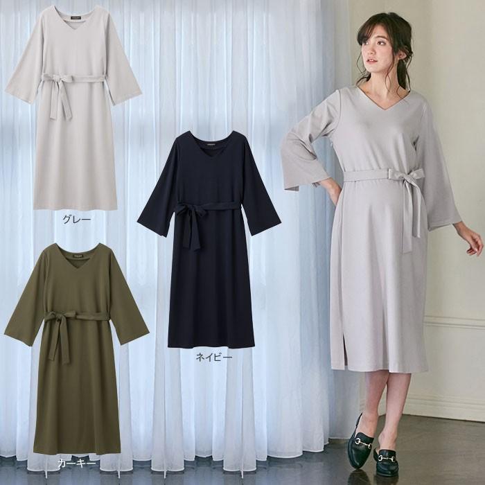 ファクトリーアウトレット Sale 授乳服 マタニティ ワンピース 授乳口付 スリットスリーブ ベルト付ワンピース 産前