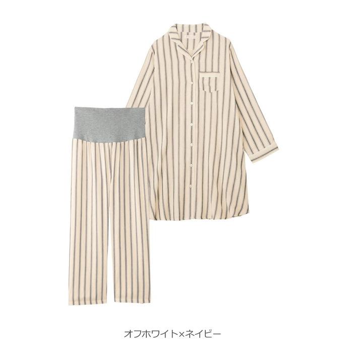 マタニティ パジャマ  長袖 授乳服 前開き 入院 産前 産後 パンツ付 ストライプ ダブルガーゼ 妊婦服 エンジェリーベの画像