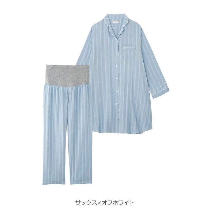 マタニティ パジャマ  長袖 授乳服 前開き 入院 産前 産後 パンツ付 ストライプ ダブルガーゼ 妊婦服 エンジェリーベの画像