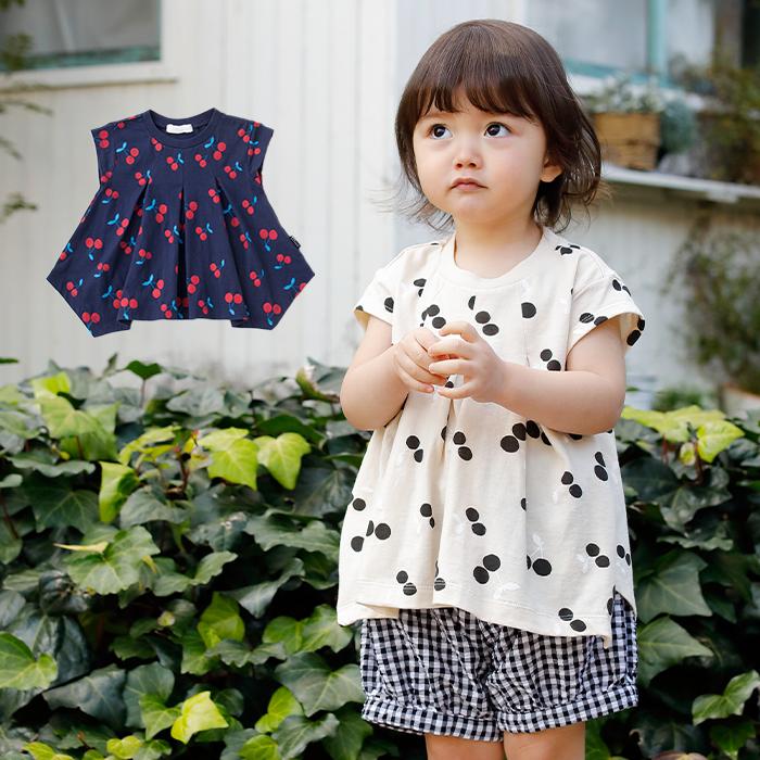 ベビー服  Seraph イレギュラー ヘム トップス 赤ちゃん ベビー用品 半袖 Tシャツ キッズ 女の子 おんなのこ チェリー柄 ドット オシャレ｜angeliebe