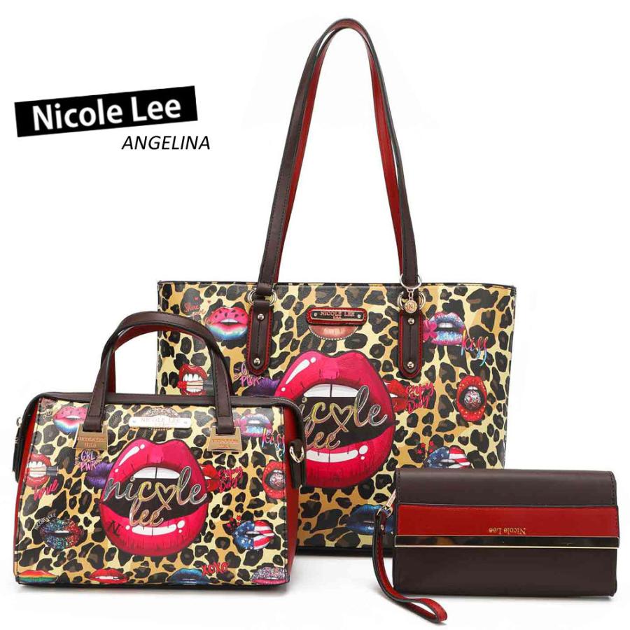 数量限定！ NICOLE LEE ニコールリー SET16104 レディース ３点セット トートバッグ＋スモールバッグ＋マルチパスケース WILD LIPS ビーガン レオパード｜angelina