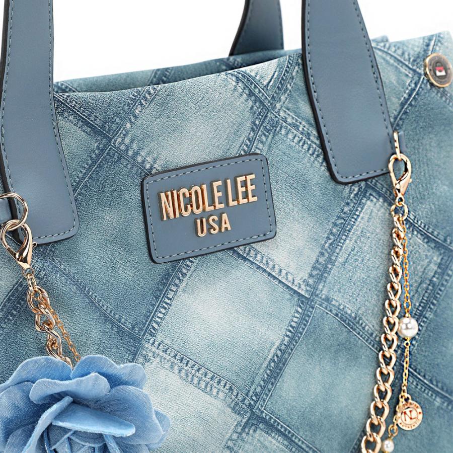 数量限定 NICOLE LEE ニコールリー P17091 ブルーフラワーハンドバッグ ショルダーバッグ レディース デニム キルティングパッチワーク 刺繍の画像