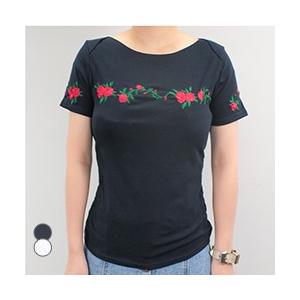 レディース トップス Tシャツ カットソー ローズ 薔薇 バラ 花柄 刺繍 半袖｜angelique-lab