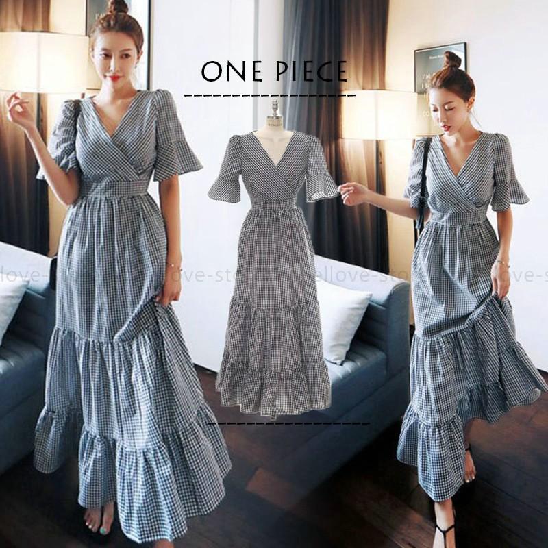 ワンピース レディース マキシワンピース ドレス 春夏 半袖ワンピース チェック柄 ロング丈 韓国風 結婚式 ワンピースドレス オシャレ 定番 訳ありセール 格安