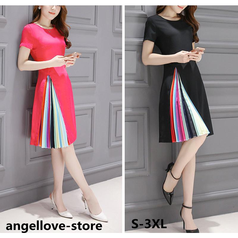 人気 半袖ワンピース 春夏 膝丈 大人気 上品 結婚式 ワンピース ドッキングワンピース プリーツ裾 カラフル フレアaライン レディース ドレス 2次会 激安店舗