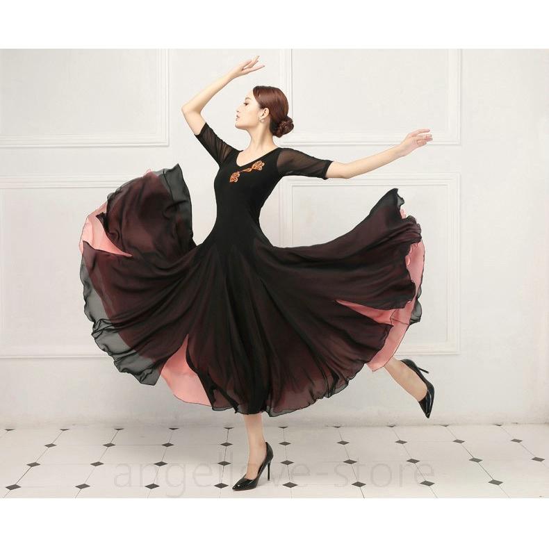 社交ダンス衣装 ワルツダンス服 社交ダンスドレス ステージ衣装 舞台服 ワルツ 大きい裾 タンゴ服 ダンス衣装 