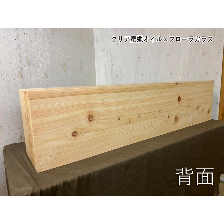 キャビネット クリア蜜蝋オイル フローラガラス 二枚扉 110×20×26cm フラップアップ 真鍮つまみ 壁掛け 木製 ひのき ハンドメイド 受注製作_10