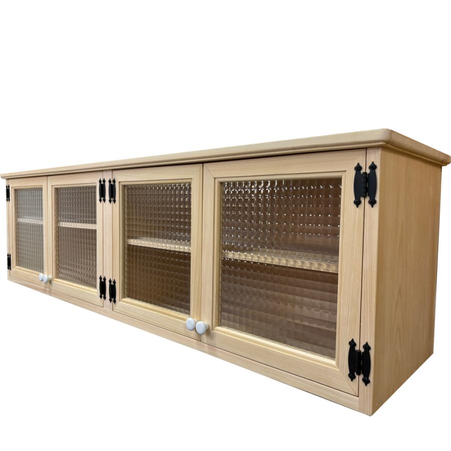 吊り戸棚 無塗装白木 チェッカーガラス 140×35×40cm 隙間桟あり 黒蝶番