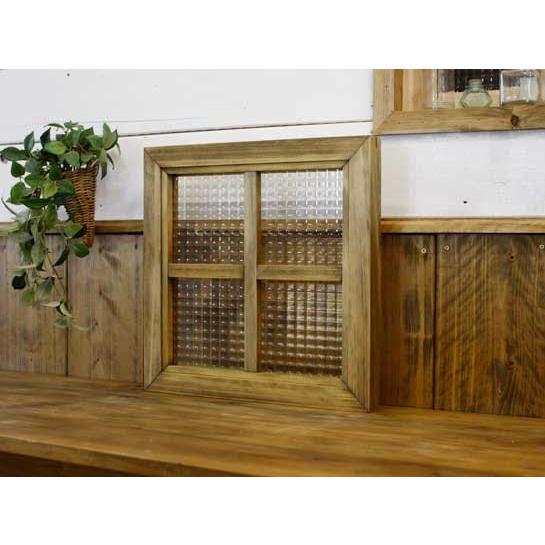 カフェ窓 フィックス窓 チェッカーガラス アンティークブラウン 36×3.5×36cm 採光窓 片面十字桟入り 北欧 木製 ひのき受注製作_1
