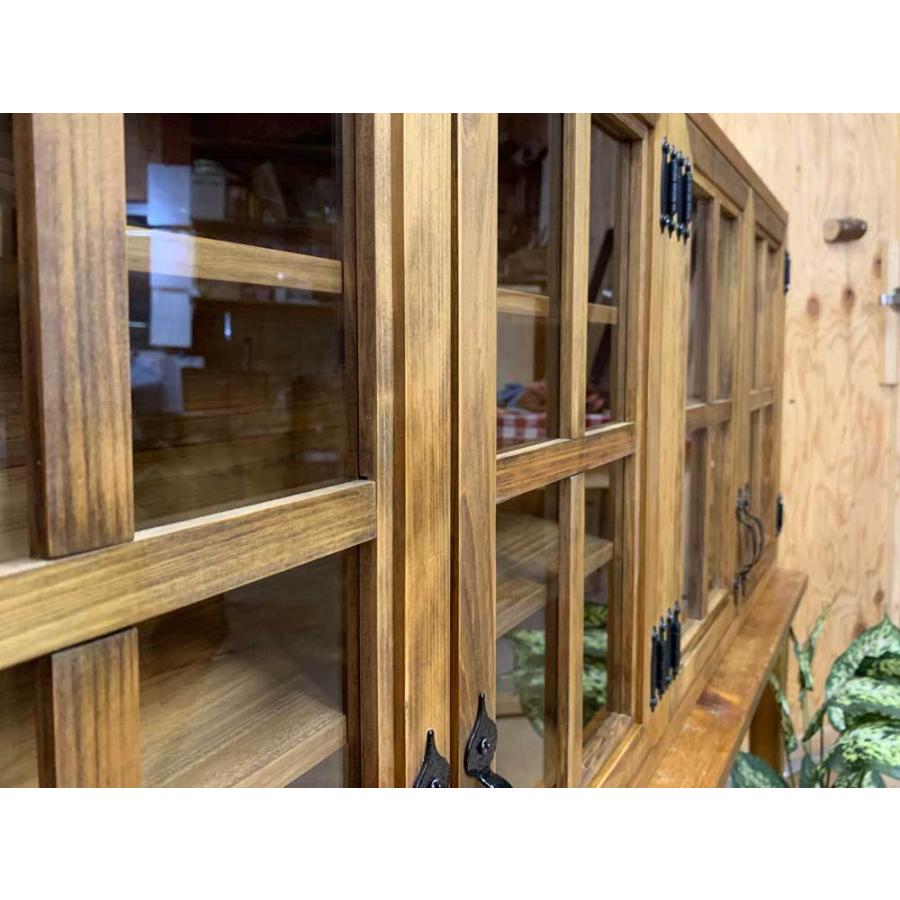 吊り戸棚 桟入り 透明ガラス扉 アンティークブラウン 120×30