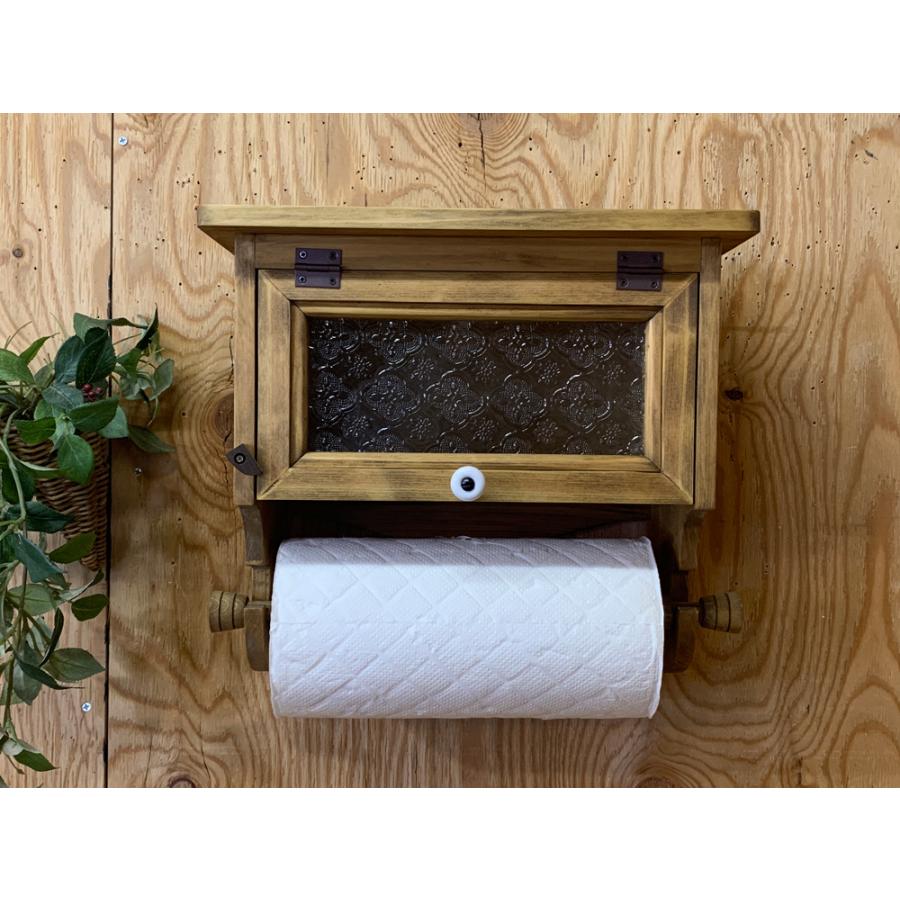 キッチンペーパーホルダー アンティークブラウン 31×17×29cm レギュラーサイズ 230mm フローラガラス扉 白つまみ 木製 ひのき ハンドメイド 受注製作の画像