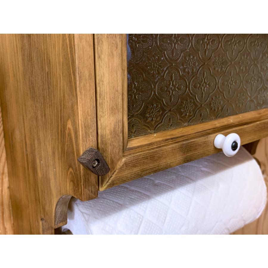 キッチンペーパーホルダー アンティークブラウン 31×17×29cm レギュラーサイズ 230mm フローラガラス扉 白つまみ 木製 ひのき ハンドメイド 受注製作の画像