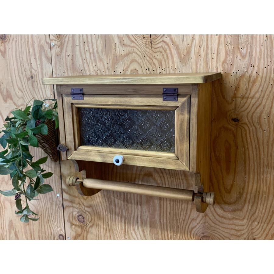 キッチンペーパーホルダー アンティークブラウン 31×17×29cm レギュラーサイズ 230mm フローラガラス扉 白つまみ 木製 ひのき ハンドメイド 受注製作の画像